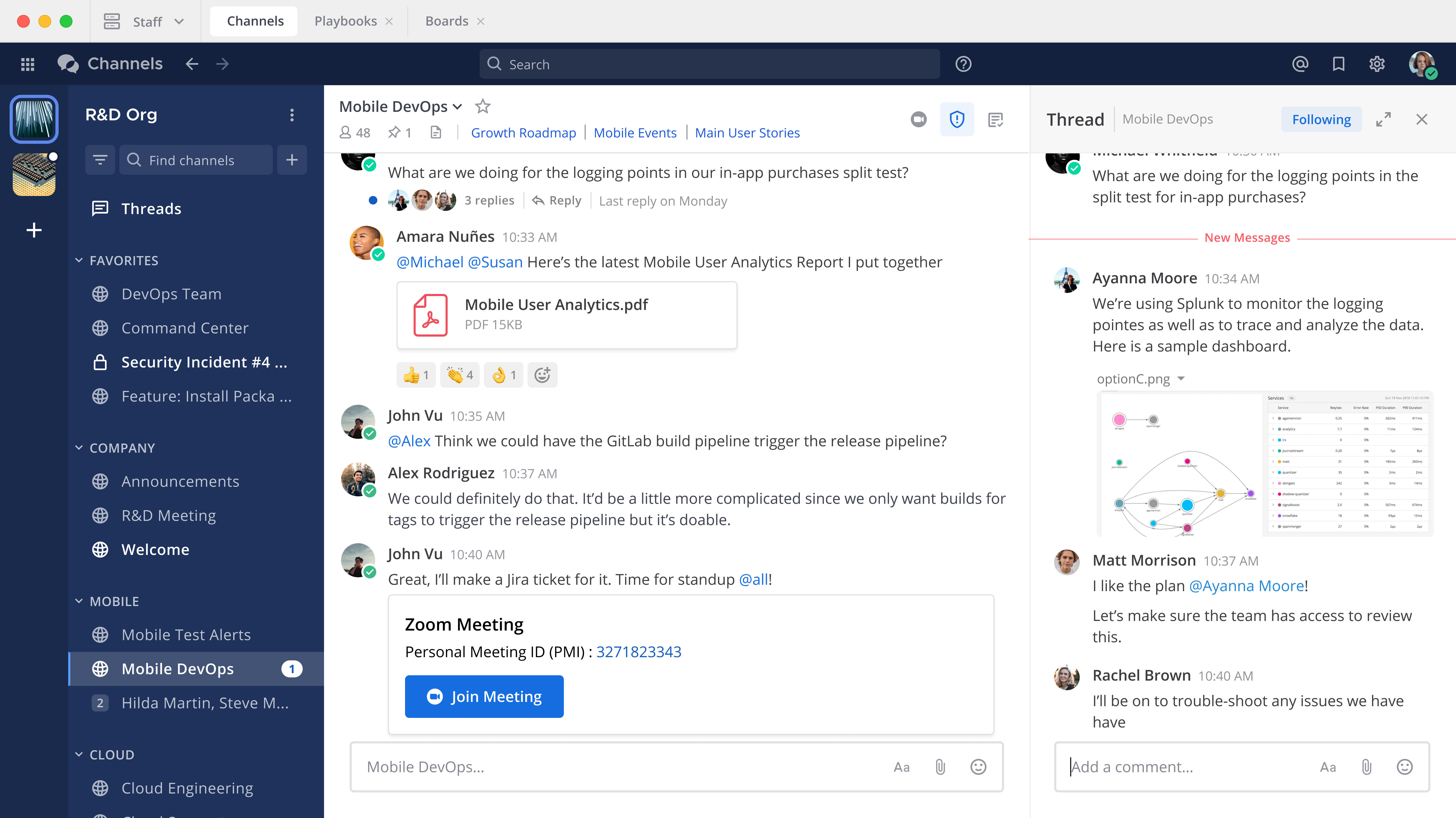 An example of the Mattermost screen that includes teams, the channel sidebar, an active conversation in the center pane, reply threads in the right-hand pane.