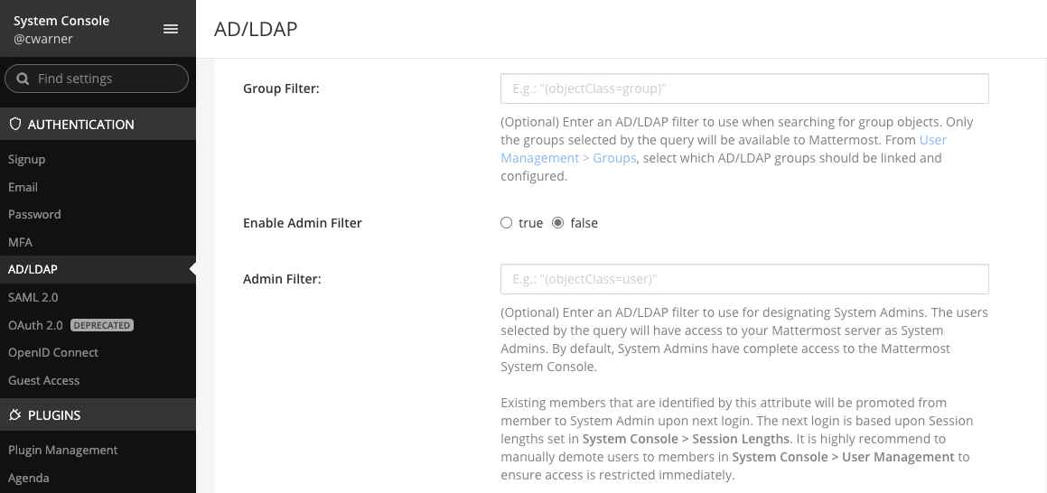Specify the group filter in the System Console by going to Authentication > AD/LDAP.