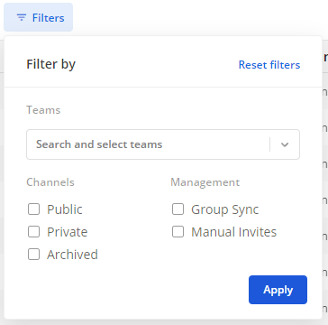 Filter the channels based on channel type, channel membership types or they team that they belong to using the System Console.