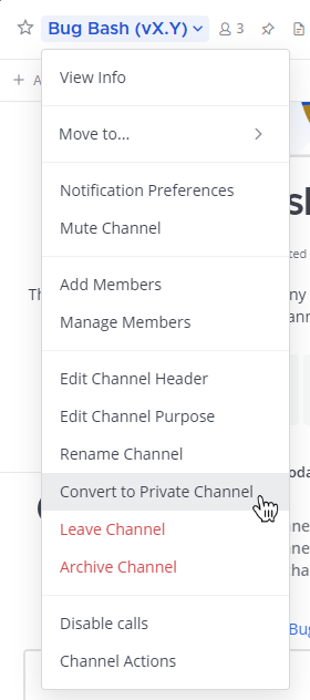 From the channel name, you can convert a public channel to a private channel if you're an admin.