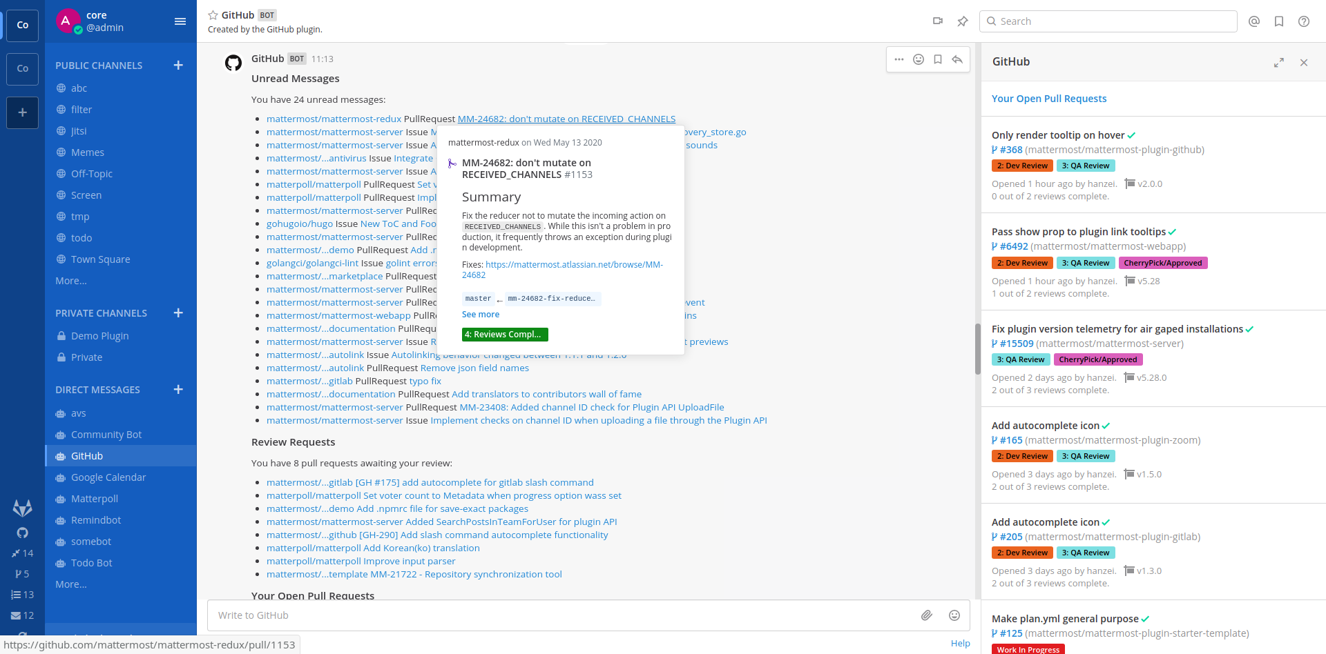 An example of the GitHub integration for Mattermost.