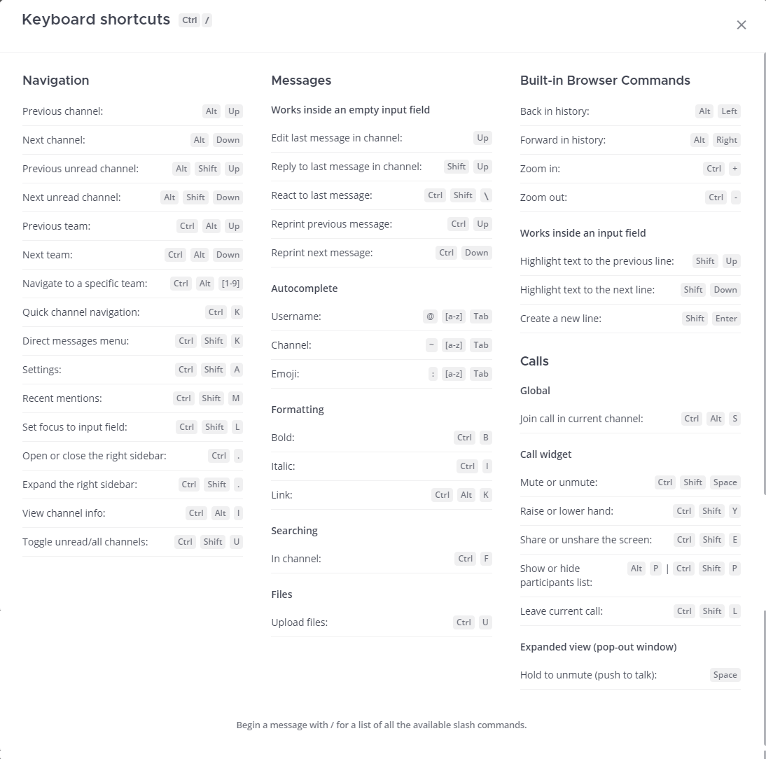 Review a list of available keyboard shortcuts by using the ``/shortcuts`` slash command.