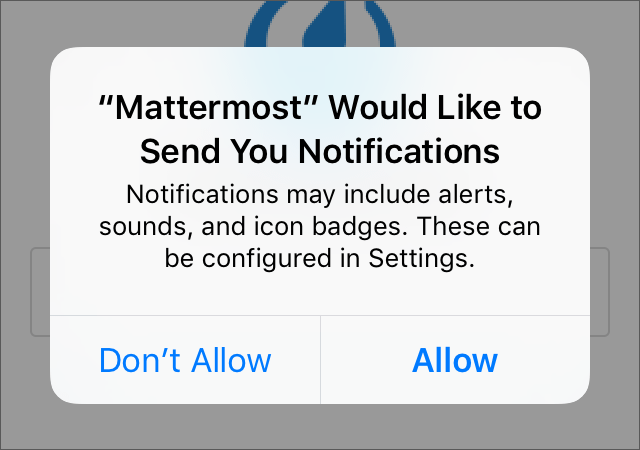 Mattermost prompts you to confirm whether you want to allow mobile push notifications. To test mobile push notifications, you must select Allow.