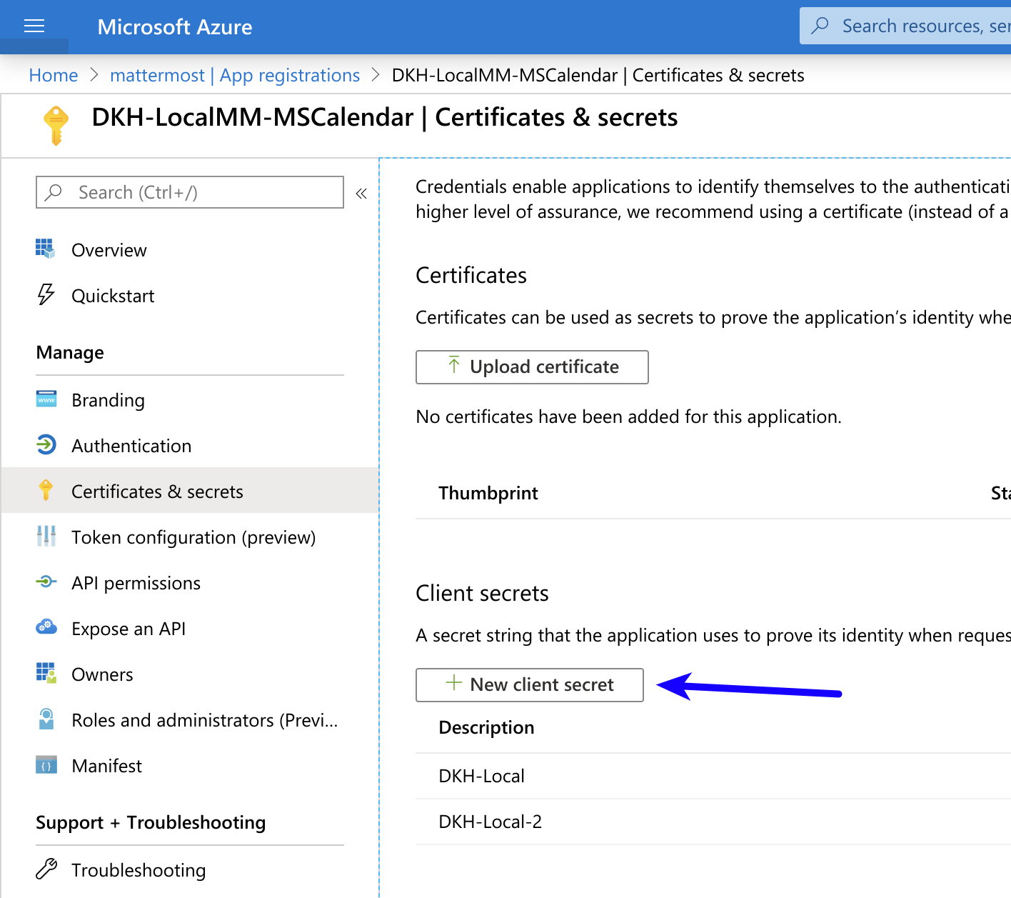 In Azure, create a new client secret and copy the value for later.