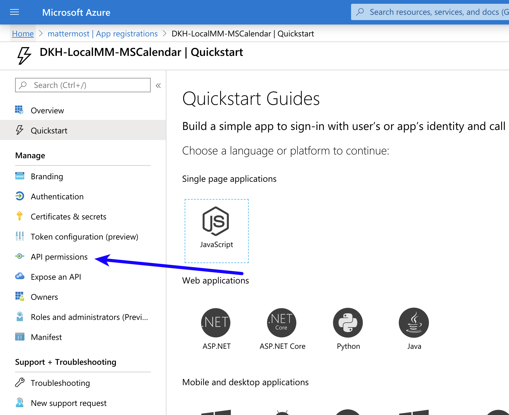 In Azure, go to API permissions located in the left pane.