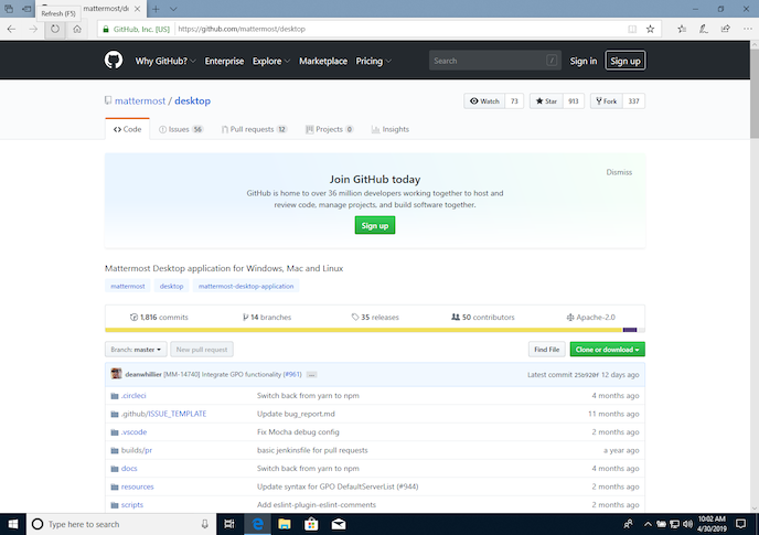 Go to the mattermost/desktop repository on GitHub.