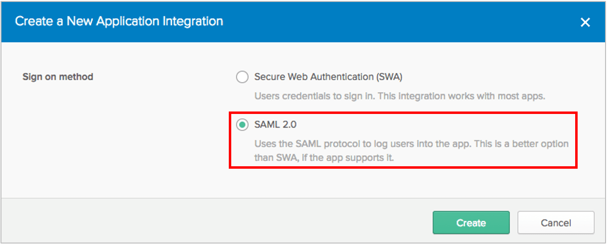 In Okta, switch to the Classic UI, then go to the Admin Dashboard > Applications > Add Application to create a new app. Choose SAML 2.0 as the Sign on method.