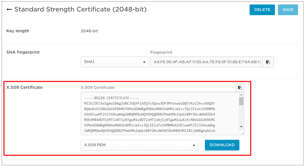 On the SSO tab in OneLogin, select View Details to access the X.509 certificate. Ensure that the X.509 PEM option is selected. Select Download and save the file in a convenient location.