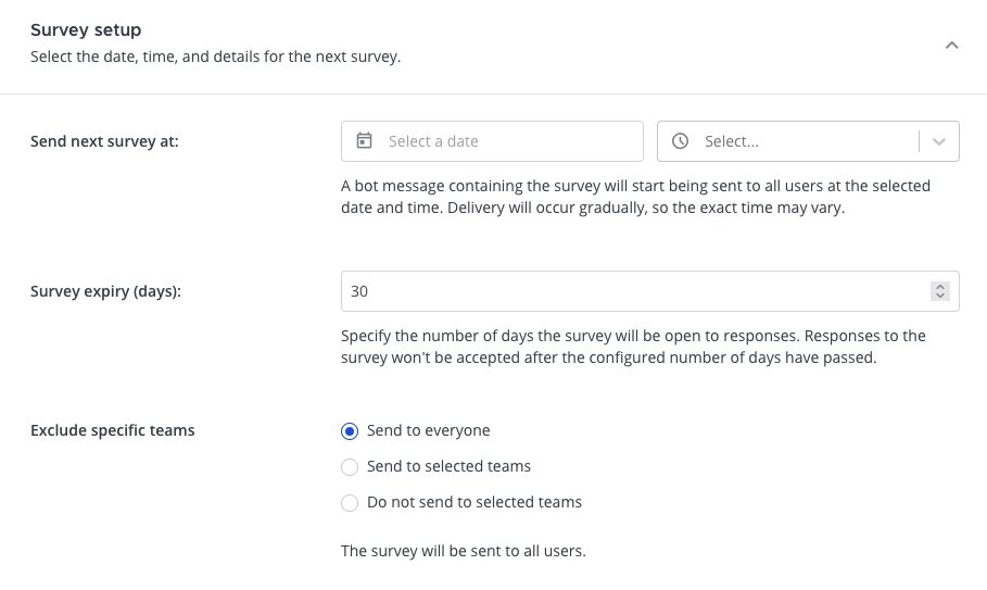 An example of the System Console configuration screen for scheduling a new user survey.